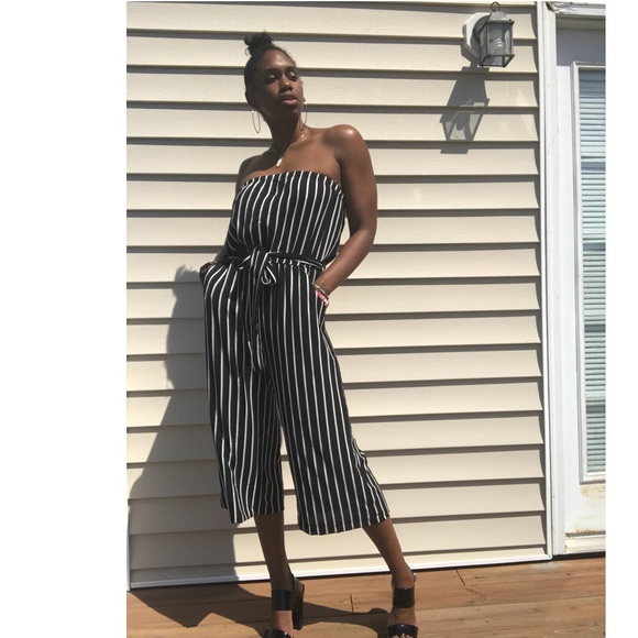 black and white vertical striped jumpsuit